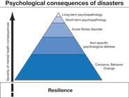 Figure B shows the emotional resilience of the majority of people forms the base. The next tier includes people who have concerns and may experience some behavior changes—a reaction that he said is normal. This tier is followed (again in ascending order) by people with non-specific psychological distress, individuals with acute stress disorder, those with short-term psychopathology, and those with long-term psychopathology - click to view larger image