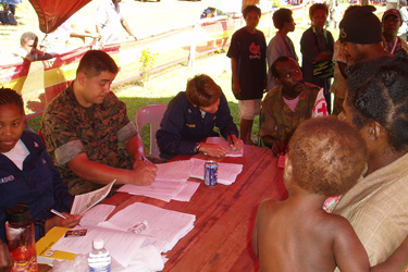 Captain Kathleen Downs, officer in charge, registers patients at Bunabun, Papua New Guinea.
