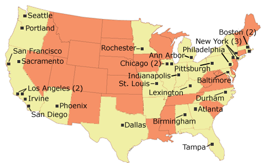 Image map of United States: see below for listings by state