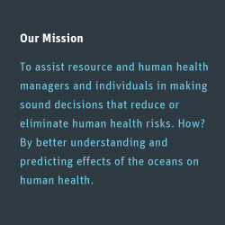 Our Mission.  To assist resource and human health managers and indiviuals in making sound decisions that reduce or elimate human health risks.  How? By better understanding and predicting effects of the oceans on human health.
