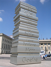 Steel sculpture of books with authors' names