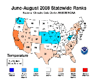 June-August 2008 statewide Temperature Ranks.