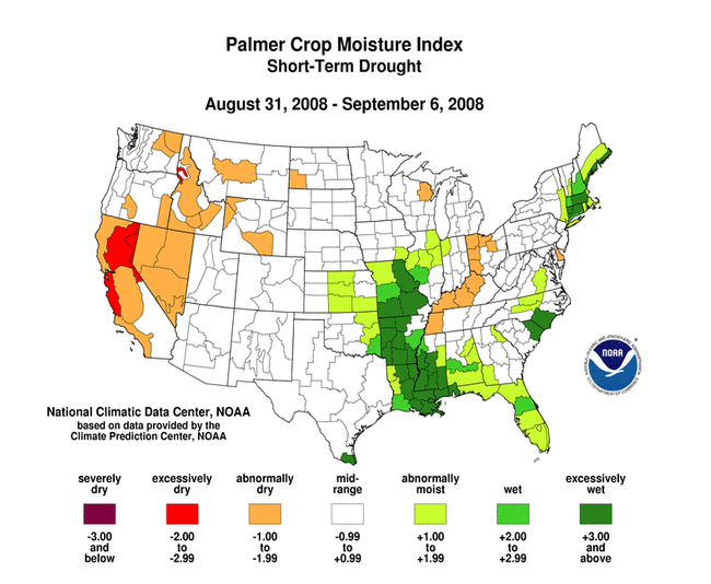 Palmer Crop Moisture Index Map, Week Ending September 6, 2008