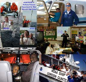 Images of students visiting ships and aircraft and a science class shipboard experiment