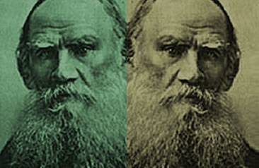 Mirror images of a portrait of Tolstoy, overlayed with diferent colored tints.