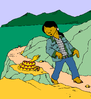 A boy walking passed a rattlesnake