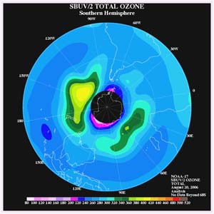 NOAA satellite image of the most recent analysis of the Southern Hemisphere total ozone from the an instrument on board the NOAA polar orbiting satellite.