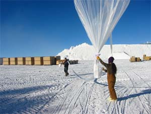 NOAA photo of atmospheric sampling balloon being deployed in the South Pole Observatory in 2004.