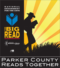 Parker County Big Read poster, cowboy in classic pose back and foot against a wall holding a book, sunrise behind him
