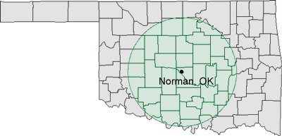 map showing 90 mile radius around Norman, OK