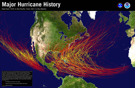 [Major Hurricane History Map for Atlantic and Eastern Pacific]