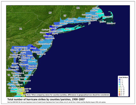 [Map of 1900-2007 Hurricane Strikes by U.S. counties/parishes (Mid-Atlantic)]