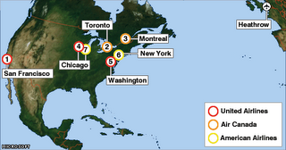 A map with the alleged targets of London terror plot. The targets are flights to San Francisco, Chicago Toronto, Washington, D.C., New York and Montreal.