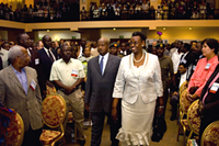 H.E. President Yoweri Kaguta Museveni, President of the Republic of Uganda, and Mrs. Janet Museveni, First Lady of the Republic of Uganda, arrive at the opening ceremony of the 2008 HIV/AIDS Implementers’ Meeting in Kampala. Photo by Arne Clausen.