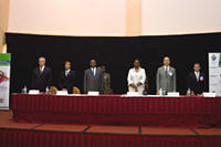From left to right: Dr. Michel Kazatchkine, Executive Director of the Global Fund to Fight AIDS, Tuberculosis and Malaria; Ambassador Mark Dybul, Coordinator of the U.S. President's Emergency Plan for AIDS Relief (PEPFAR); H.E. President Yoweri Kaguta Museveni, President of the Republic of Uganda; Mrs. Janet Museveni, First Lady of the Republic of Uganda; Dr. Peter Piot, UNAIDS Executive Director; and Dr. Kevin Moody, International Coordinator and CEO of the Global Network of People Living with HIV/AIDS (GNP+). Photo by Arne Clausen.