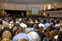 Conference participants attend the ‘Knowing Your Epidemic and Response’ plenary session on June 4, 2008. Plenary speakers touched on the six themes for the meeting, which cut across all areas of HIV/AIDS programming. Photo by Arne Clausen.