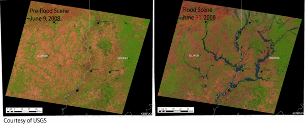 Satellite Images Comparing Pre-Flood and Flooded Indiana and Illinois