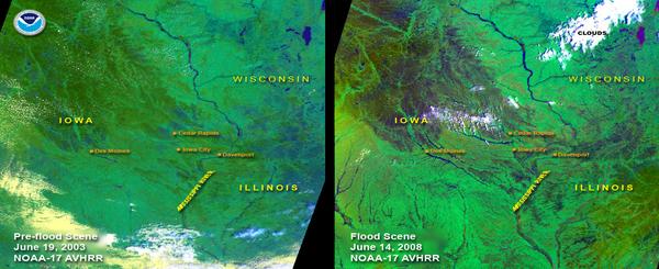 AVHRR Satellite Images Comparing Pre-Flood and Flooded Iowa