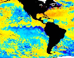 NOAA satellite image of La Niña conditions present in the tropical Pacific Ocean on May 17, 2003, which is the dark blue area on the western coast of South of America.