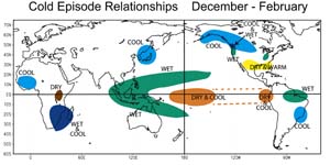 NOAA image of La Niña global impacts during December through February.
