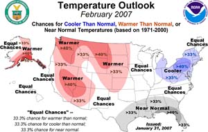 NOAA image of February 2007 temperature outlook.