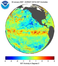 NOAA satellite image of sea surface temperature anomalies in the Eastern Pacific Ocean taken Jan. 30, 2007, showing a weakening El Niño.