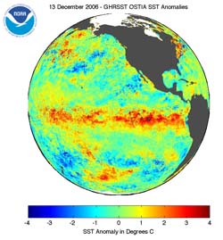 NOAA satellite image of sea surface temperature anomalies in the Eastern Pacific Ocean taken Dec. 13, 2006, when El Niño was at its peak.