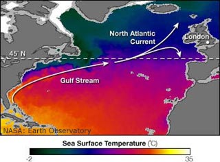 Chart showing Atlantic Ocean surface temperature from satellite observations. Cold waters are darker in color, with the seas being warmer around England than near Canada.