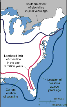 Map of the eastern U.S. showing how the oceans were higher 5 million years ago, but lower 20,000 years ago. 