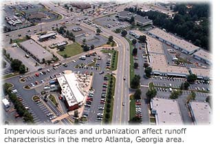Picture of suburban Atlanta, Georgia showing how lots of impervious areas have an effect runoff patterns. 