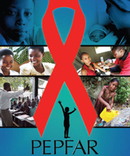 Poster: Collection of photos of people with red AIDS ribbon superimposed in the center and the acronym PEPFAR below the ribbon