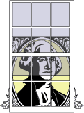 Illustration of the one dollar bill engraving of George Washinton behind a window frame with the shade partially drawn