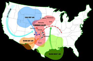 Map of the US showinf tornado alley covering parts of Texas, Oklahoma, Kansas, Nebraska, N. Dakota, Iowa, and Minnesota