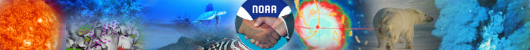 Cooperative Institute Banner with NOAA logo, sun, turtle, hands shaking, polar bear, volcano