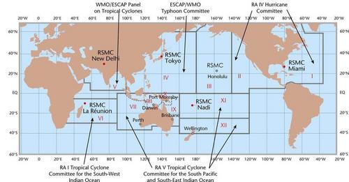 Worldwide map of WMO-designated Tropical Cyclone Regions and Centers