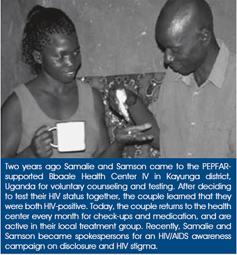 Two years ago Samalie and Samson came to the PEPFAR-supported Bbaale Health Center IV in Kayunga district, Uganda for voluntary counseling and testing. After deciding to test their HIV status together, the couple learned that they were both HIV-positive. Today, the couple returns to the health center every month for check-ups and medication, and are active in their local treatment group. Recently, Samalie and Samson became spokespersons for an HIV/AIDS awareness campaign on disclosure and HIV stigma.