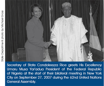 Secretary of State Condoleezza Rice greets His Excellency Umaru Musa Yar’adua President of the Federal Republic of Nigeria at the start of their bilateral meeting in New York City on September 27, 2007 during the 62nd United Nations General Assembly. State Department photo by Michael Gross