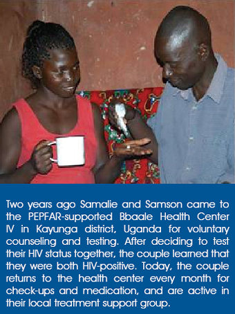Two years ago Samalie and Samson came to the PEPFAR-supported Bbaale Health Center IV in Kayunga district, Uganda for voluntary counseling and testing. After deciding to test their HIV status together, the couple learned that they were both HIV-positive. Today, the couple returns to the health center every month for check-ups and medication, and are active in their local treatment support group. 