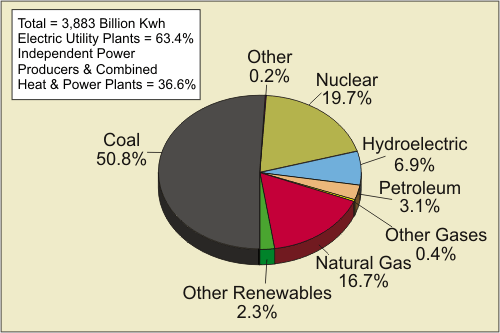 Figure 2 shows the net generation of the U.S. electric power industry for 2003. The pie chart displays the data as follows (going clockwise):Nuclear 19.7%, Hyrodelectric 6.9%, Petroleum 3.1%, Other Gases 0.4%, Natural Gas 16.7%, Other Renewables 2.3%, Coal 50.8%, and Other 0.2%. For more information, contact the National Energy Information Center at 202-586-8800. 