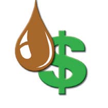 This graphic is a little icon depicting a droplet of crude oil overlapping the dollar symbol.
