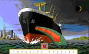 Ballast water from ships such as the one in this poster is a significant method of transport of invasive species.