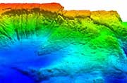 A regional 3-D view with colors representing depth shows the scarp from a different angle.