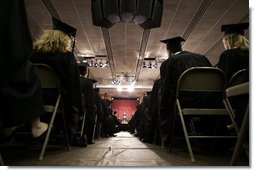 President George W. Bush gives a commencement address to the students and faculty of Calvin College in Grand Rapids, Michigan on Saturday May 21.  White House photo by Paul Morse