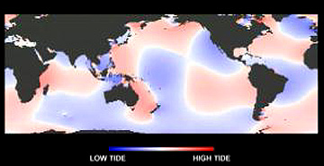Tidally-induced highs and lows on the Earth's oceanic surface.