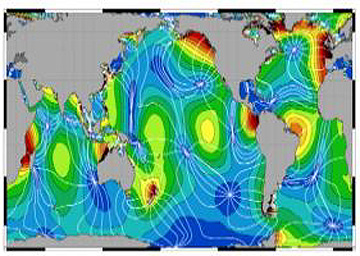 Directional flow patterns of tidal currents, as established by TOPEX-Poseidon.