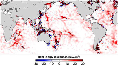 Tidal energy dissipation on the world's seas, as determined from Topex-Poseidon observations of sea heights.