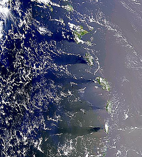 SeaWiFS image of the Windward Islands, producing tapered zones of calmer waters (wakes) on the western (leeward) side of those islands with notable topographic elevation.