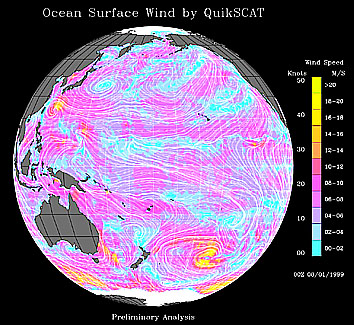 Wind velocity map of the Pacific Ocean hemisphere made by Quickscat; the yellow area south of Japan is a typhoon (Olga).