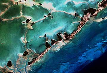 Part of the Florida Keys in a false color image obtained by Landsat 7.