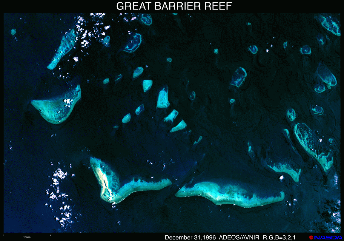Image taken by the AVNIR on ADEOS showing a quasi-true color view of some of the reef islands in the Great Barrier Reef of northern Australia.
